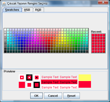 Java JColorChooser Kullanımı