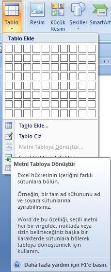 Office 2007 Ekle Menüsünden Tablo Seçeneği