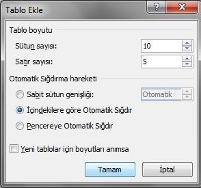 Office 2007 Ekle Menüsünden Tablo Seçeneği