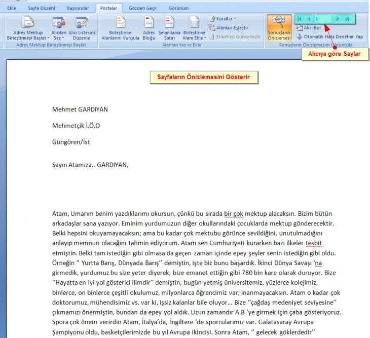 Ms Word 2007de Adres Mektup Birleştirme İşlemleri