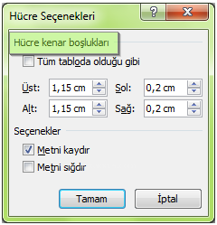 Office 2007 Tablo Özellikleri Penceresi