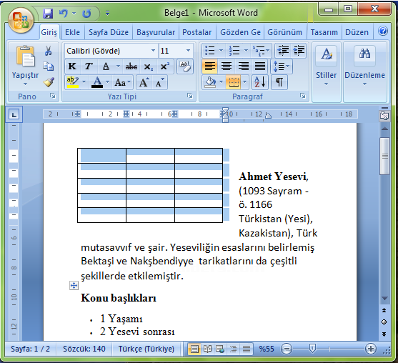Office 2007 Tablo Özellikleri Penceresi