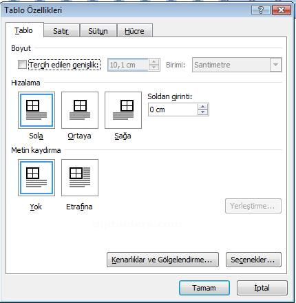 Office 2007 Tablo Özellikleri Penceresi