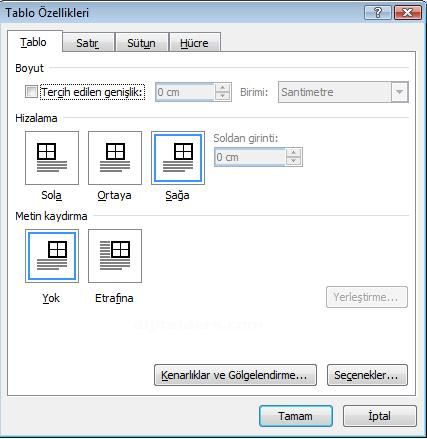 Office 2007 Tablo Özellikleri Penceresi