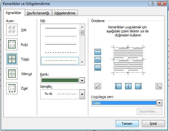 Office 2007 Tablo Özellikleri Penceresi