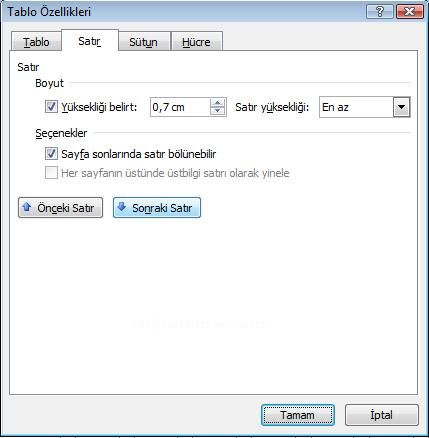 Office 2007 Tablo Özellikleri Penceresi