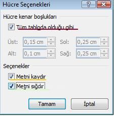 Office 2007 Tablo Özellikleri Penceresi