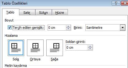 Office 2007 Tablo Özellikleri Penceresi