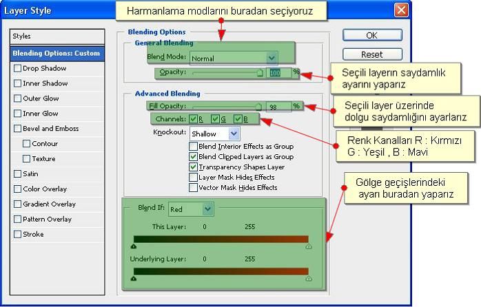 Blend options default ekranı, drop, ınner shadow, outer, ınner glow
