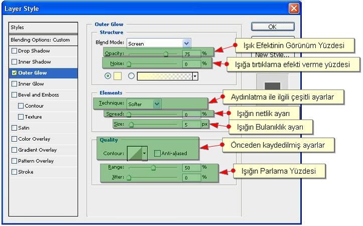 Blend options default ekranı, drop, ınner shadow, outer, ınner glow