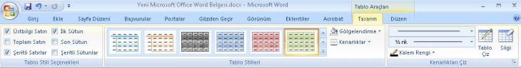 Office 2007 Tablo Araçları Tasarım Menüsü