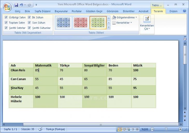 Office 2007 Tablo Araçları Tasarım Menüsü