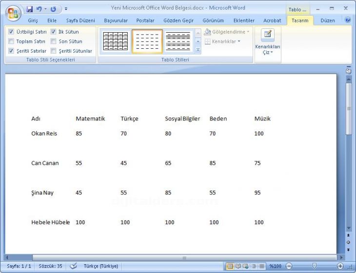 Office 2007 Tablo Araçları Tasarım Menüsü