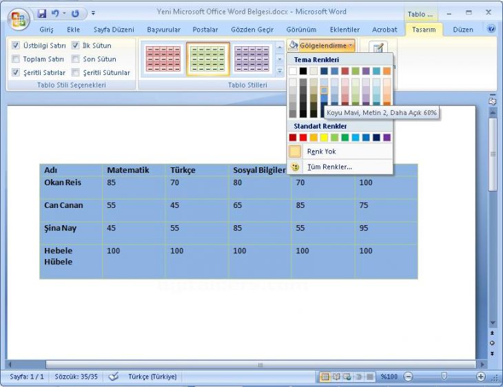 Office 2007 Tablo Araçları Tasarım Menüsü