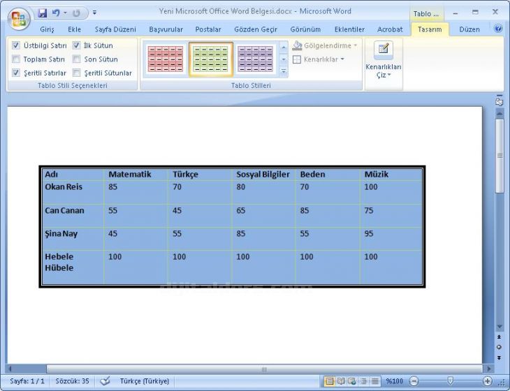 Office 2007 Tablo Araçları Tasarım Menüsü