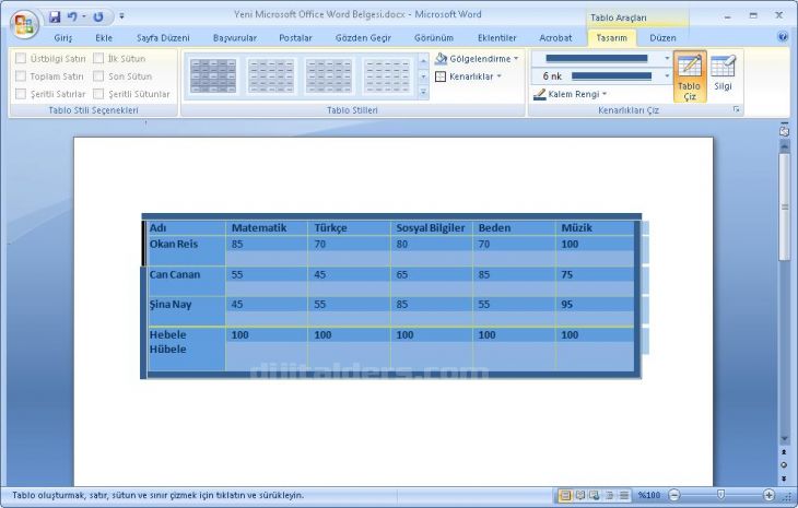 Office 2007 Tablo Araçları Tasarım Menüsü
