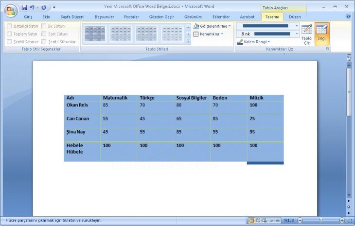 Office 2007 Tablo Araçları Tasarım Menüsü