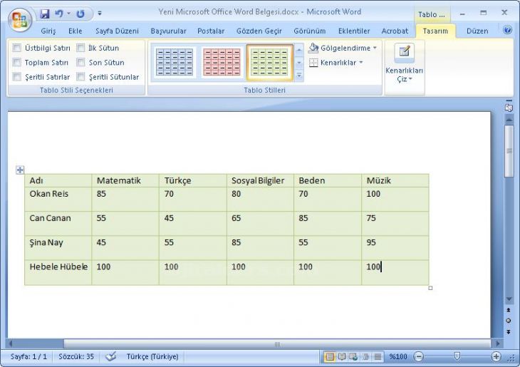 Office 2007 Tablo Araçları Tasarım Menüsü