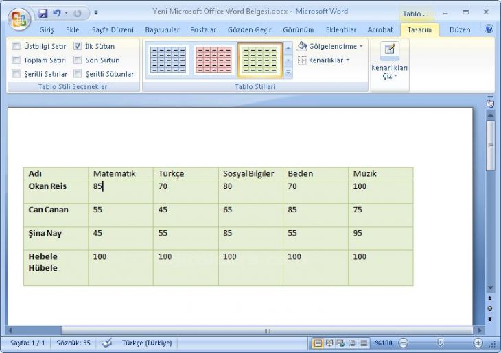 Office 2007 Tablo Araçları Tasarım Menüsü
