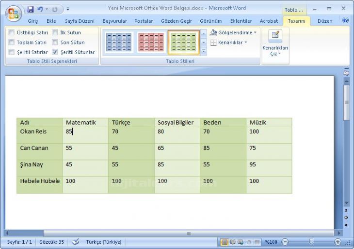 Office 2007 Tablo Araçları Tasarım Menüsü