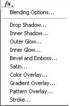 Blend options Default ekranı, Drop, Inner Shadow, Outer, Inner Glow