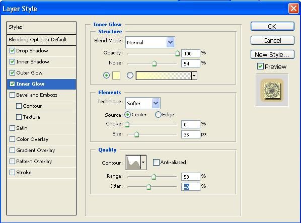 Blend Options Default Ekranı, Drop, Inner Shadow, Outer, Inner Glow