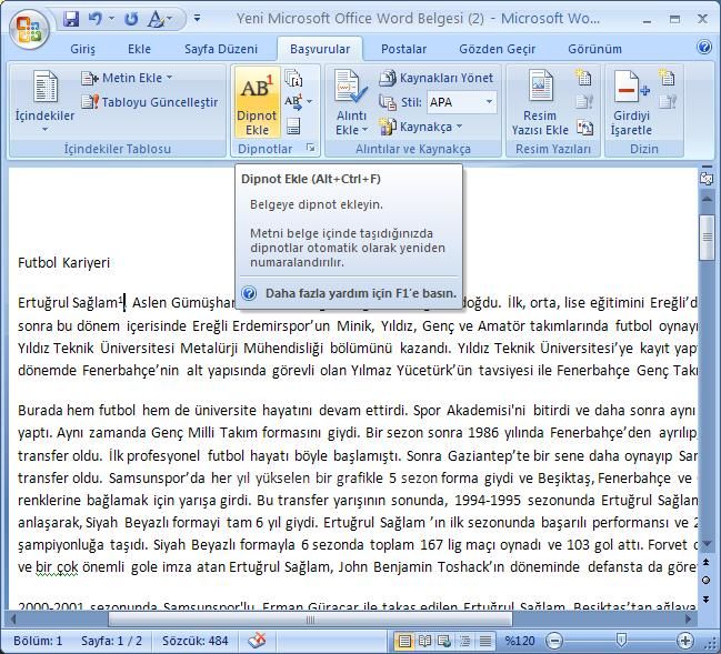 Office 2007 Dipnot ve Sonnot Eklemek