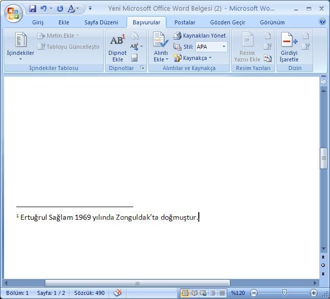 Office 2007 Dipnot ve Sonnot Eklemek