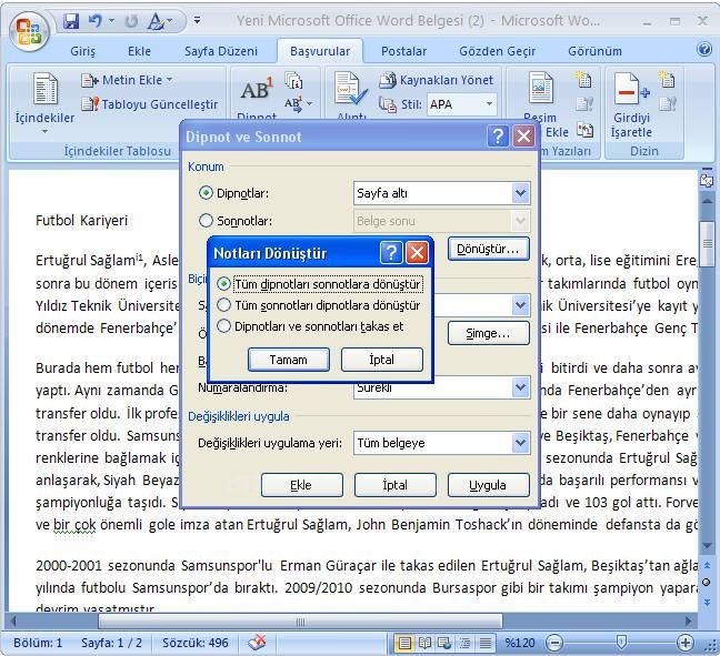 Office 2007 Dipnot ve Sonnot Eklemek