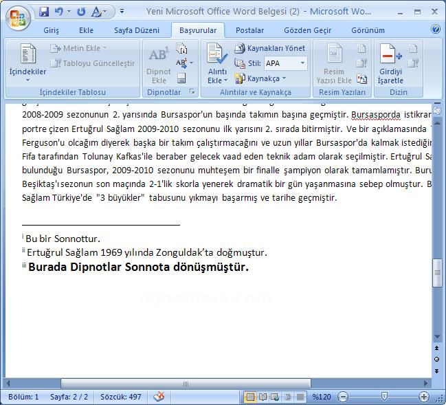Office 2007 Dipnot ve Sonnot Eklemek
