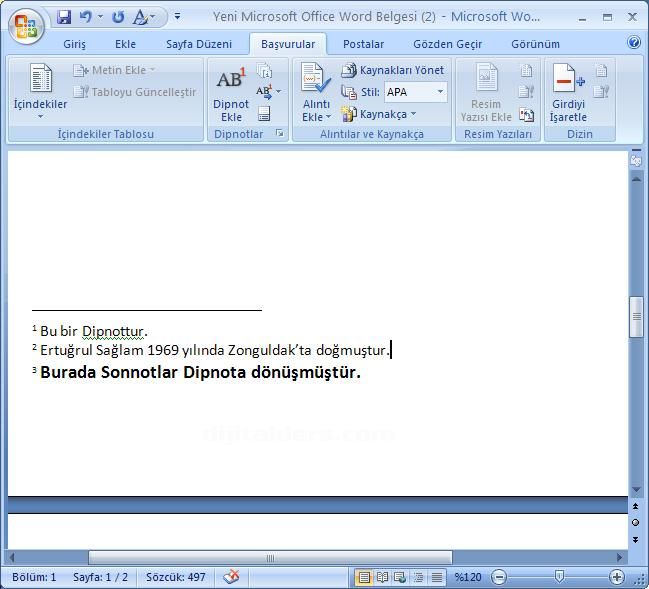 Office 2007 Dipnot ve Sonnot Eklemek