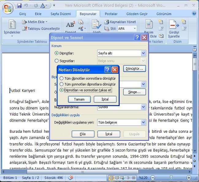 Office 2007 Dipnot ve Sonnot Eklemek