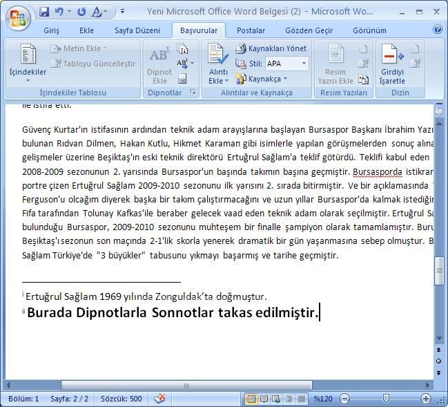 Office 2007 Dipnot ve Sonnot Eklemek