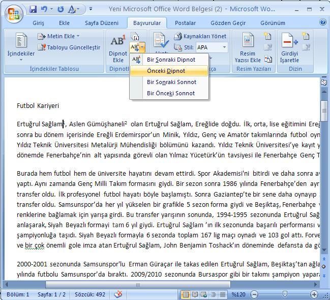 Office 2007 Dipnot ve Sonnot Eklemek