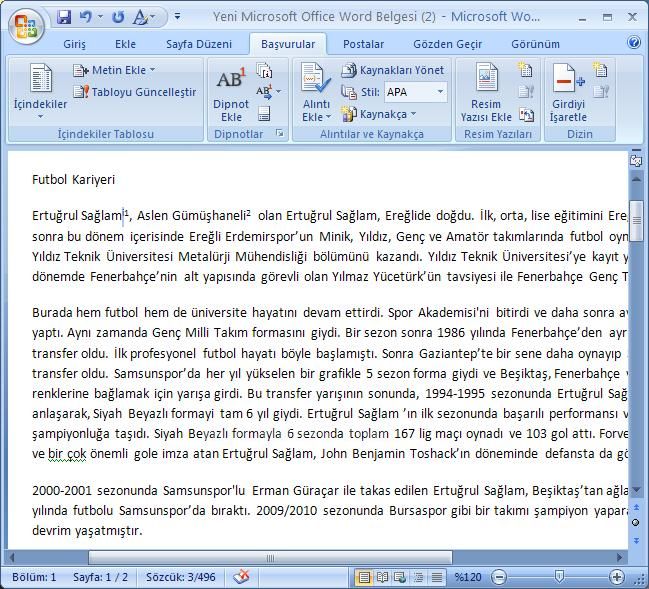 Office 2007 Dipnot ve Sonnot Eklemek