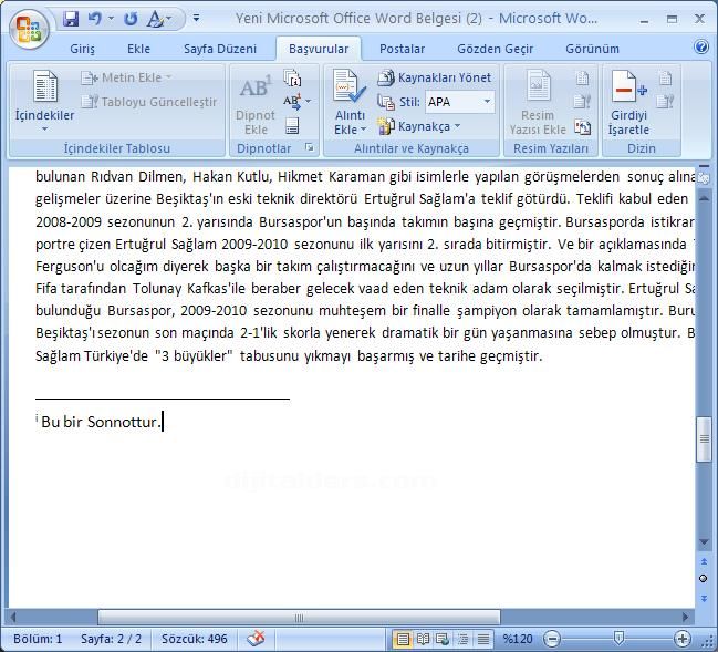 Office 2007 Dipnot ve Sonnot Eklemek