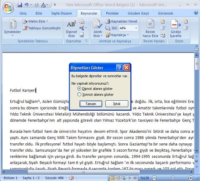 Office 2007 Dipnot ve Sonnot Eklemek