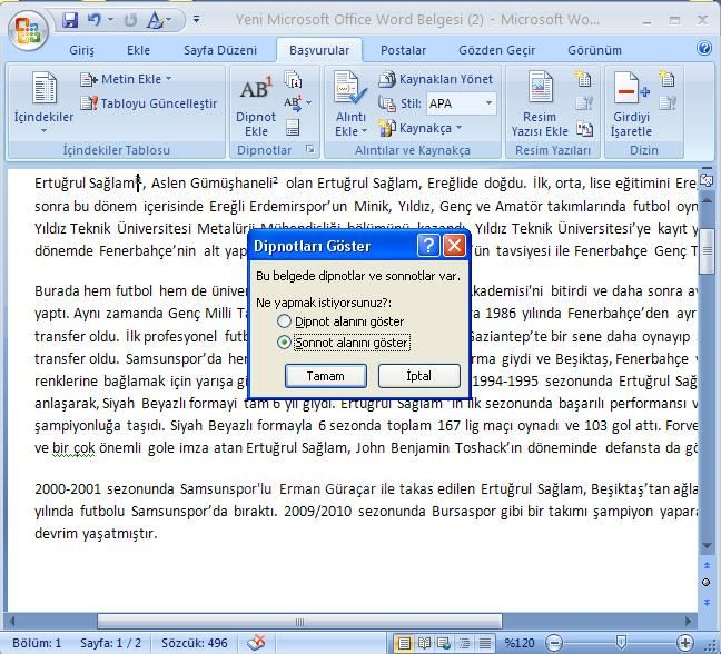 Office 2007 Dipnot ve Sonnot Eklemek