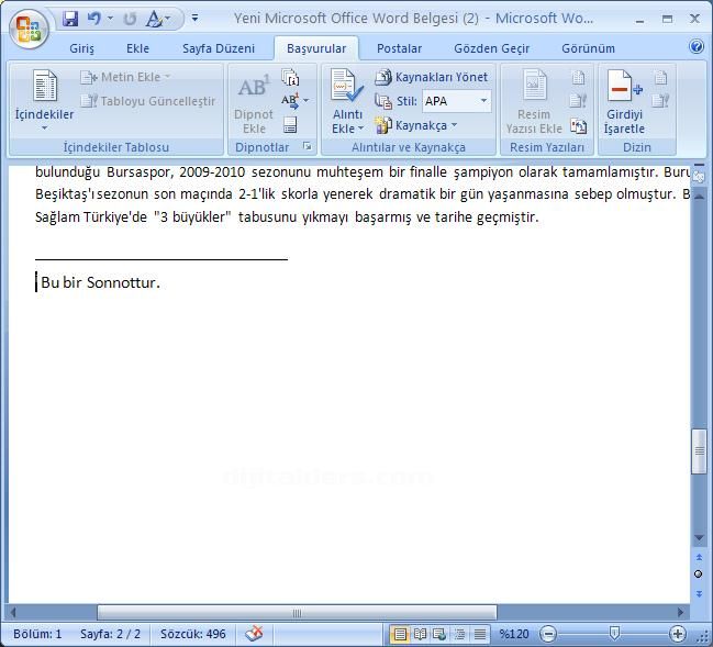 Office 2007 Dipnot ve Sonnot Eklemek
