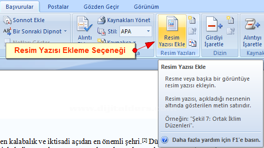 Office 2007 Resim, Tablo yada Şekil Yazısı Eklemek, Resimler Yada Tablolar Listesi Oluşturmak