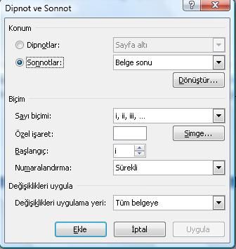 Office 2007 Dipnot Ve Sonnot Eklemek, Dipnot Ve Sonnot Penceresi