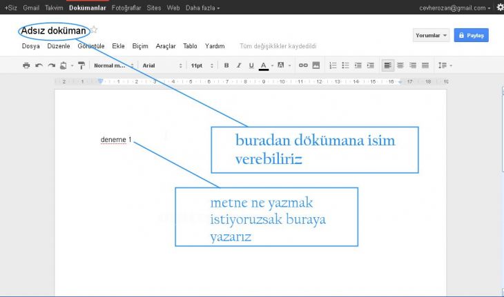 docs.googlea giriş gmail hesabından docsa geçiş, yeni dosya oluşturma, dosyanın adını değiştirme