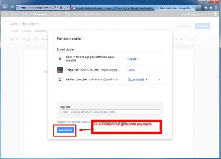 google docs da paylaşım