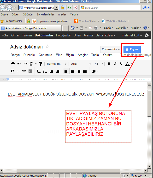 google docs hesabında paylaş butonu tanıtma