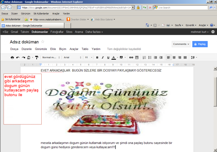 google docs hesabında paylaş butonu tanıtma