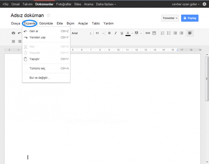 Google Docs Edit Menüsü