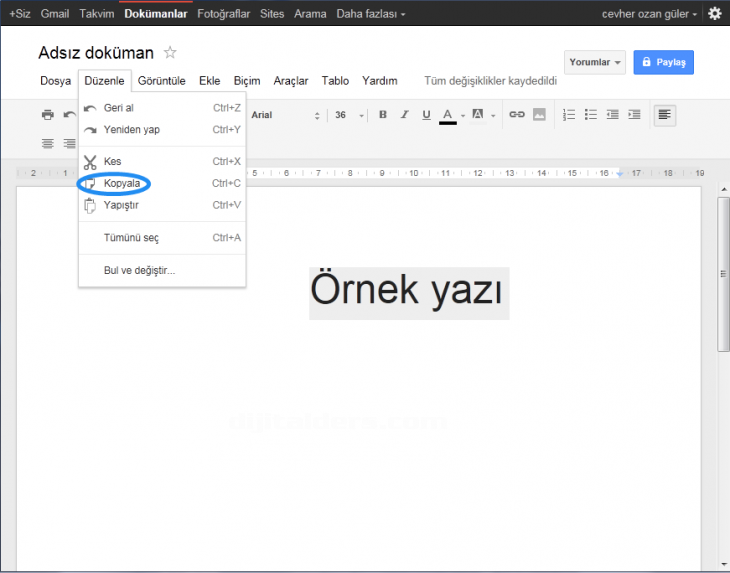 Google Docs Edit Menüsü