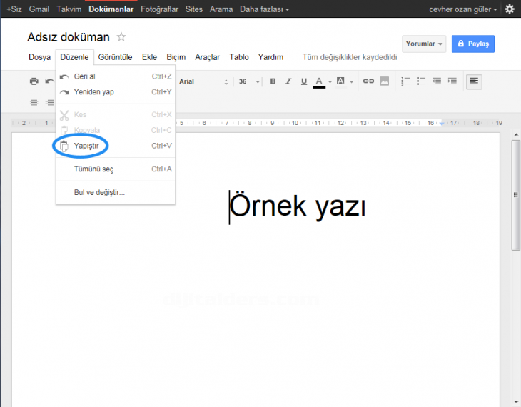 Google Docs Edit Menüsü