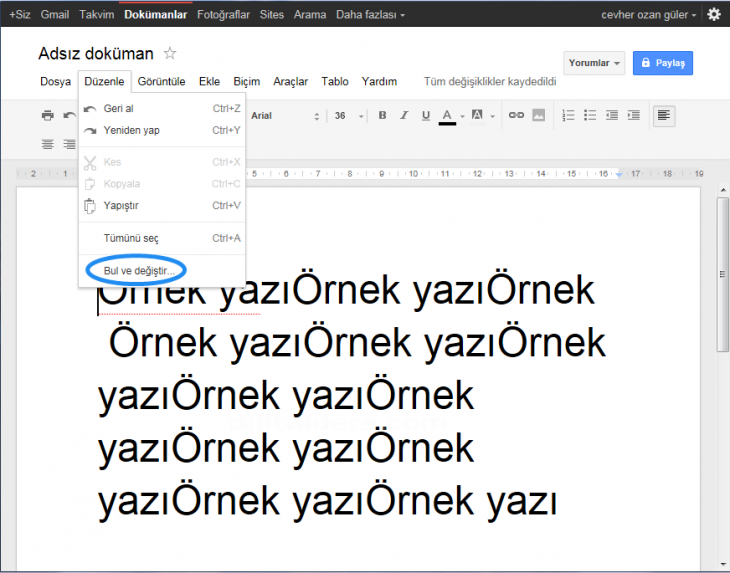 Google Docs Edit Menüsü