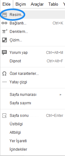 Google Docs Ekle Menüsü